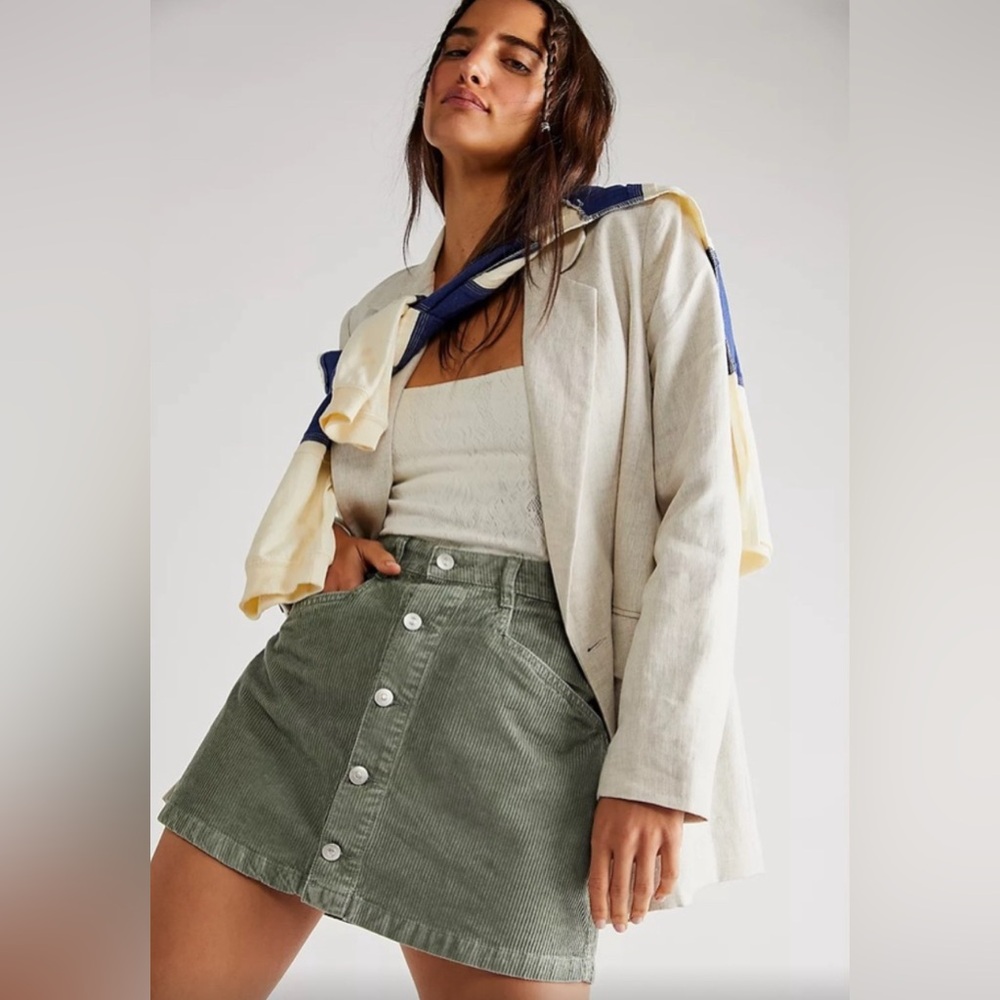 Free People Ray Corduroy Skirt mini olive green exposed button fly size 2
